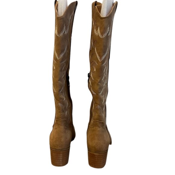 Cowboy Block Faux Suede Brown Heel Stitch Detail Pull on Western Boots Size: 6 - Picture 5 of 9